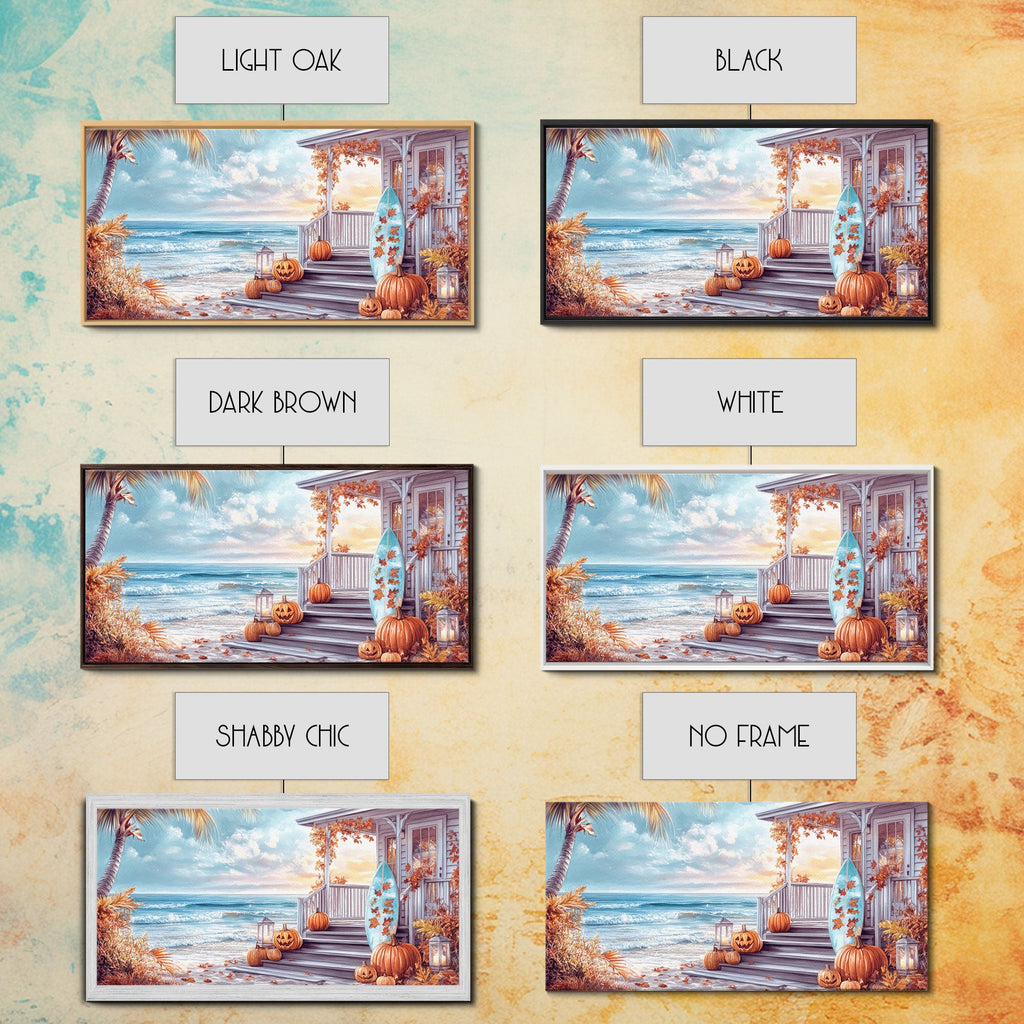 Autumn beach porch canvas print set showing different frame styles and colors.