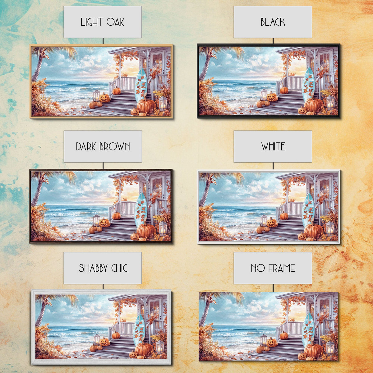 Autumn beach porch canvas print set showing different frame styles and colors.