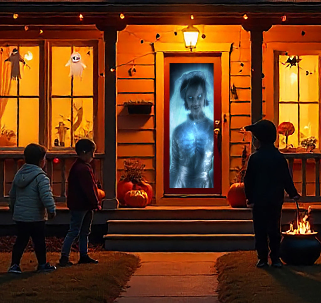 Blue ghost projection on front porch doorway with people standing nearby