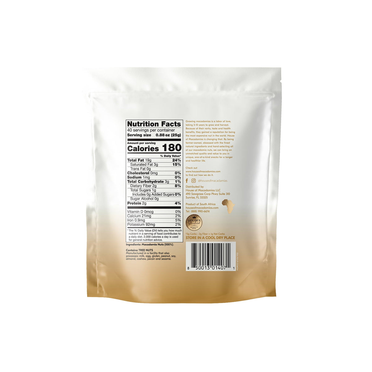 Raw macadamia nuts pouch back with nutrition facts panel and barcode