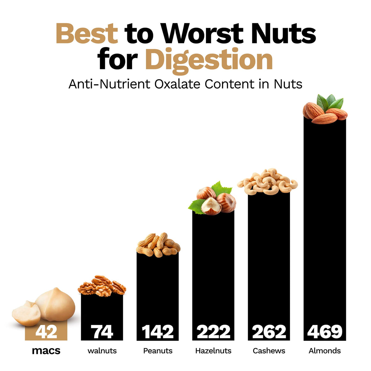 Raw macadamia nuts digestion chart with macadamia nut icon and bar rankings