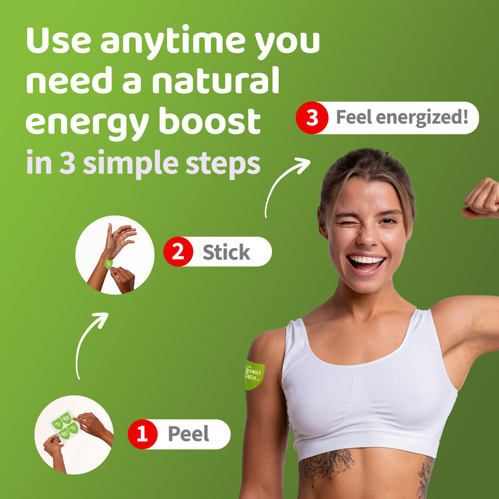 Woman placing a patch with 'Use anytime' steps: peel, stick, and feel energized