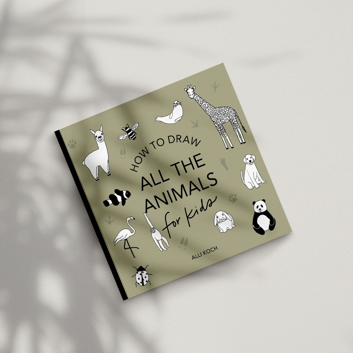 Children’s drawing book with green cover, black spine, and animal line art