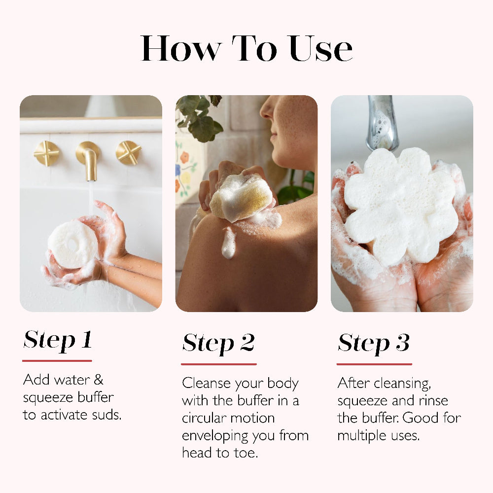 Body buffer how-to card showing steps 1 to 3 for cleansing and rinsing