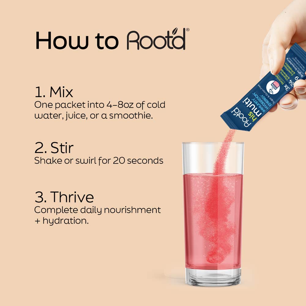Multivitamin drink mix packet with instructions, shown pouring into a glass