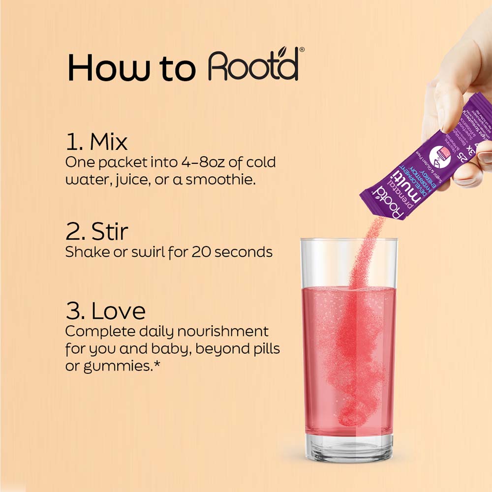 Hand pouring Root'd prenatal stick into a glass of water or juice for mixing