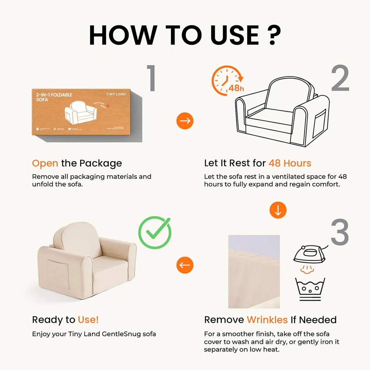 Foldable kids sofa chair box with setup steps and ready-to-use product