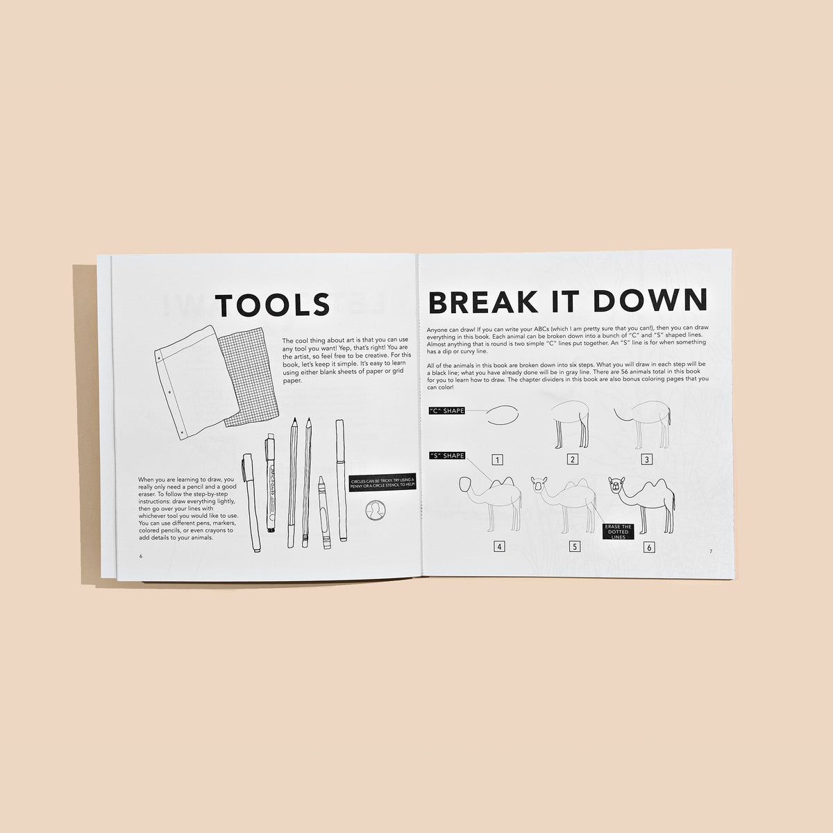 Open book spread showing tools and step-by-step instructions for drawing animals