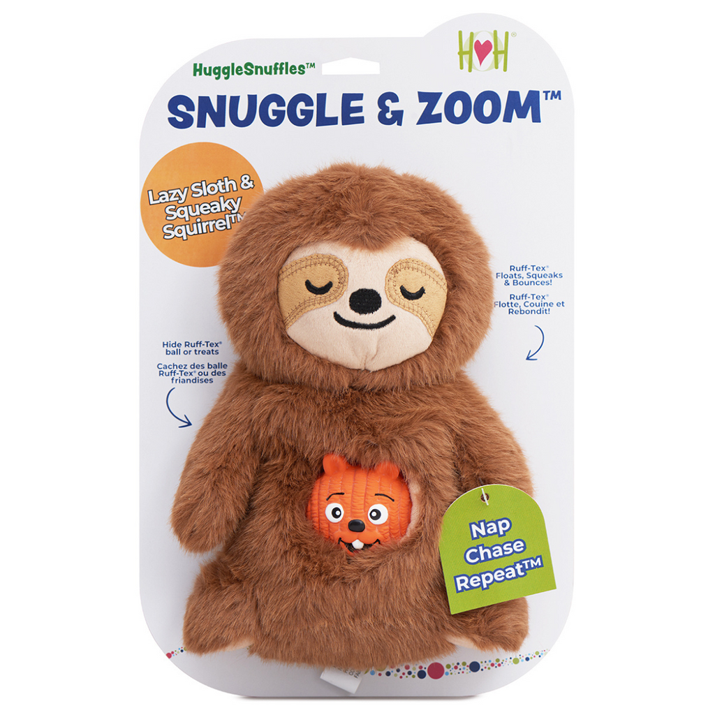 Brown plush sloth enrichment toy with smiling face and stitched belly pocket