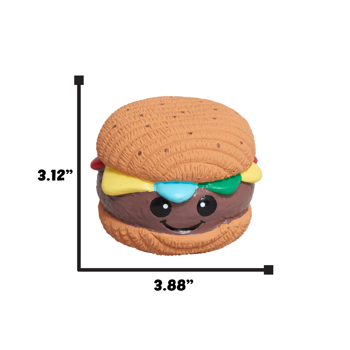 Hamburger Ruff-Tex latex ball dog toy with size diagram, brown bun and colorful toppings