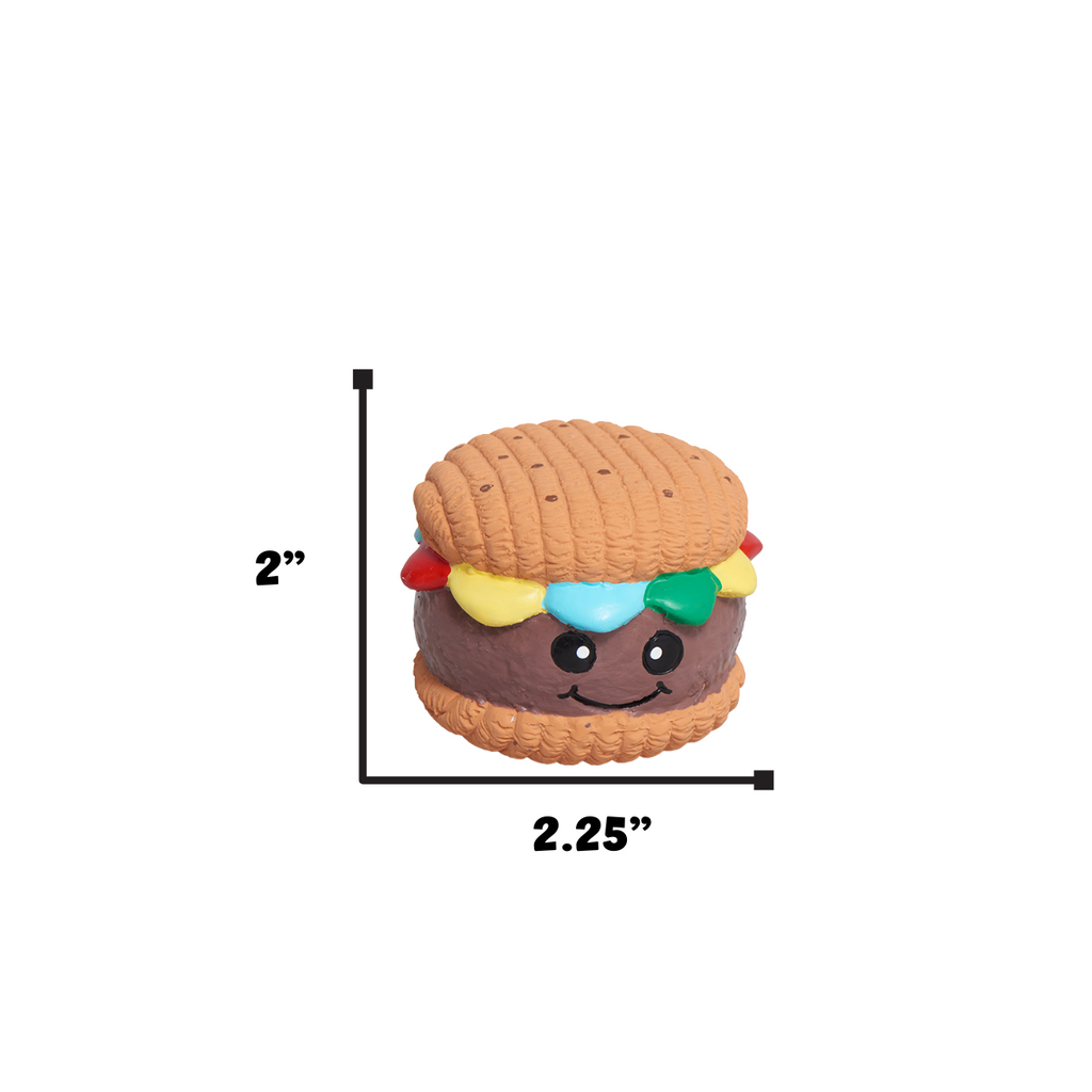 Hamburger Ruff-Tex latex ball dog toy with size diagram, brown bun and colorful toppings