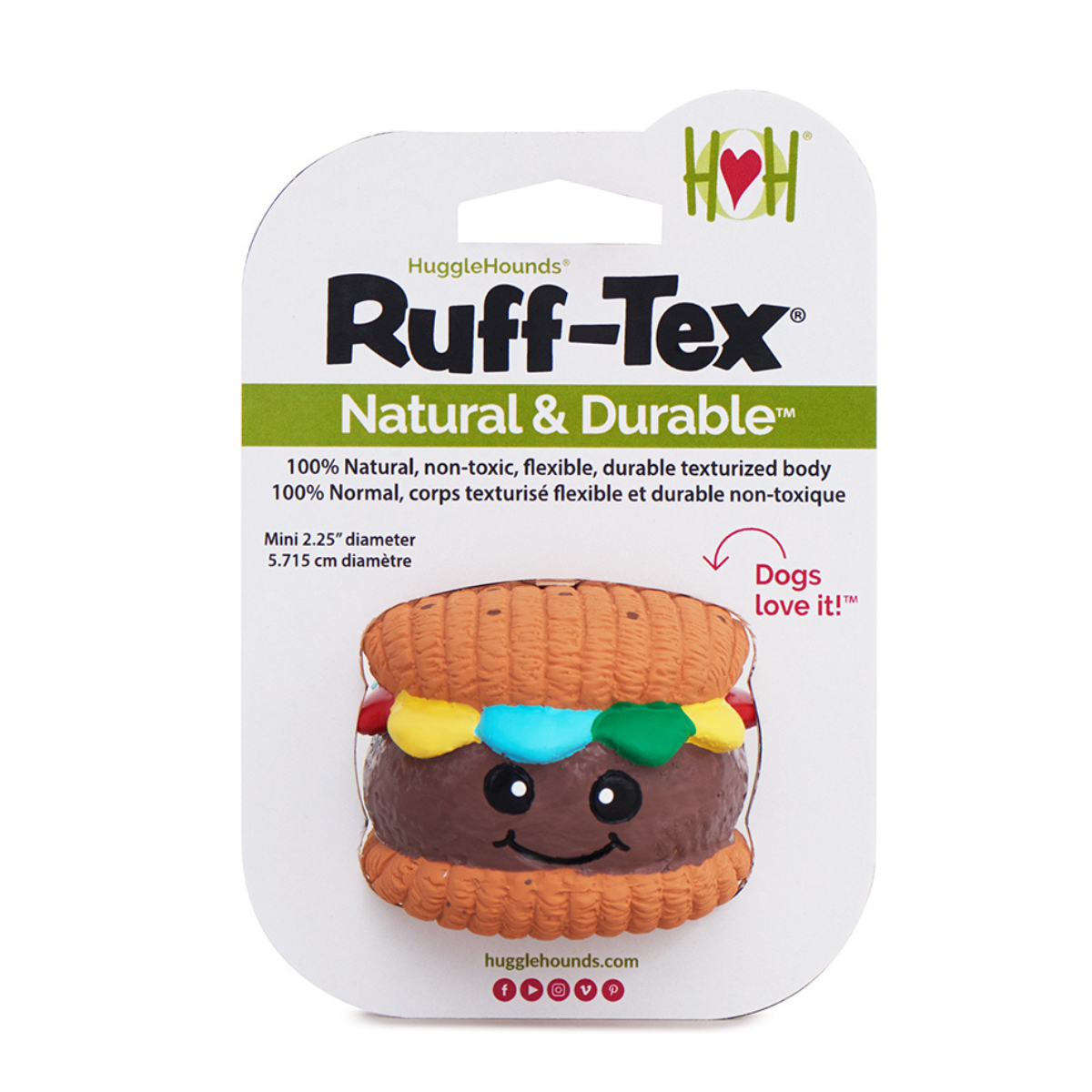 Ruff-Tex Natural & Durable hamburger latex ball dog toy in retail package