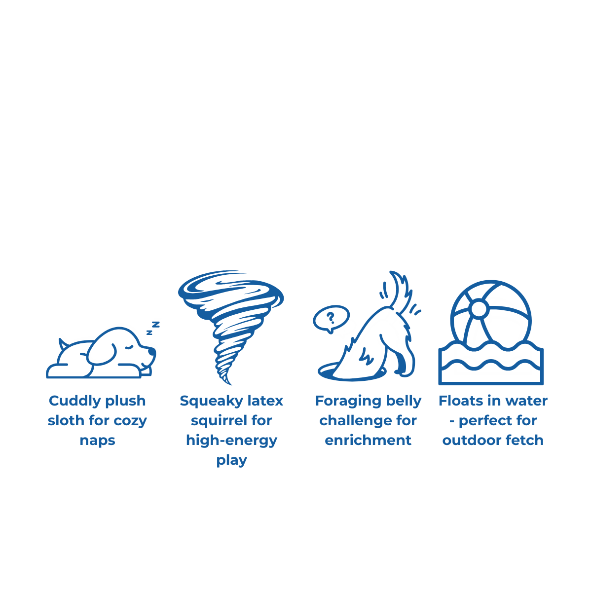 Packaging icons showing sloth naps, squeaky latex squirrel, foraging jelly, and water play