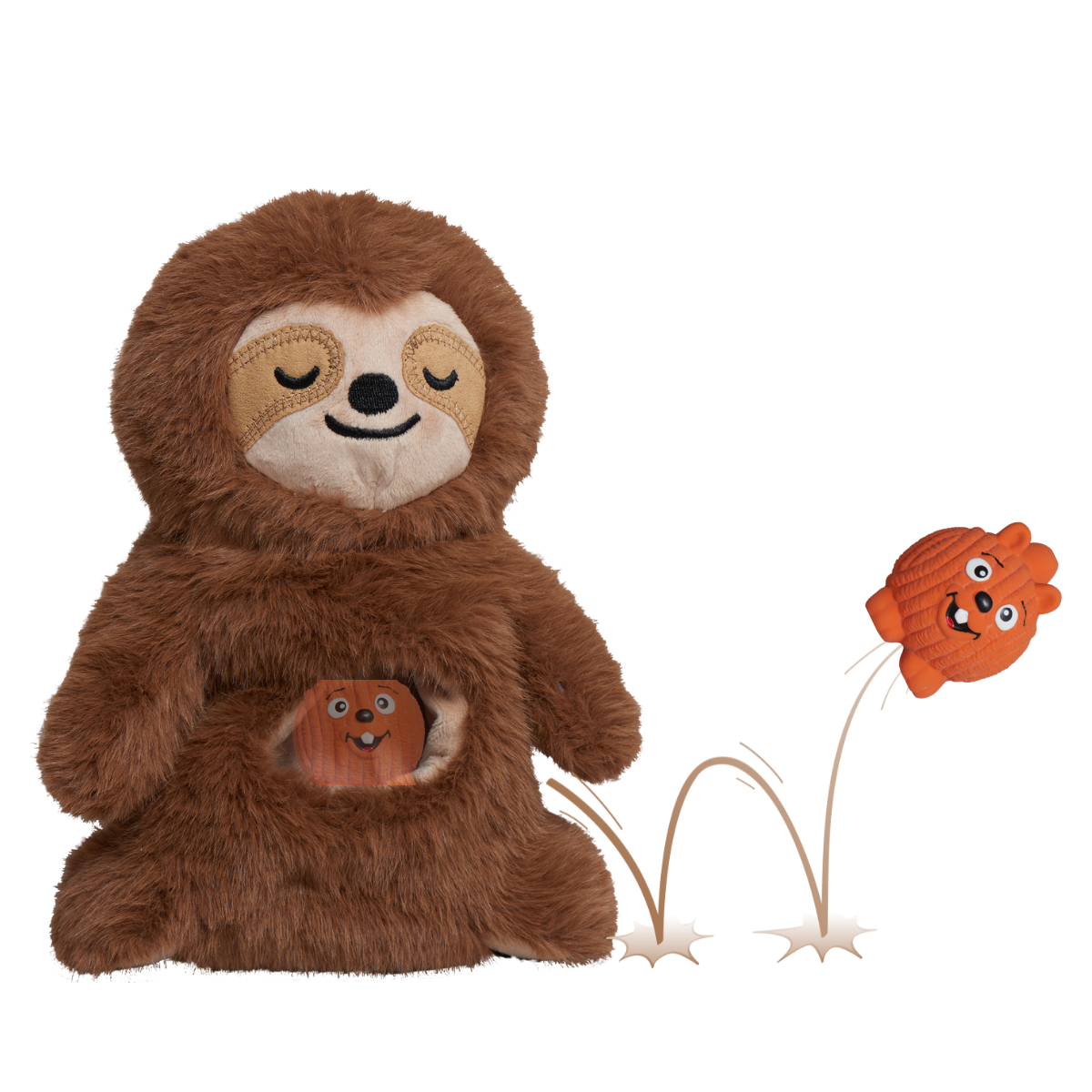 Brown plush sloth toy with sleepy face and belly pocket; includes small orange squirrel