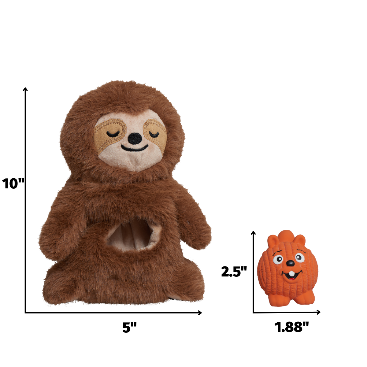 Brown plush sloth toy with size diagram and small orange squirrel picture
