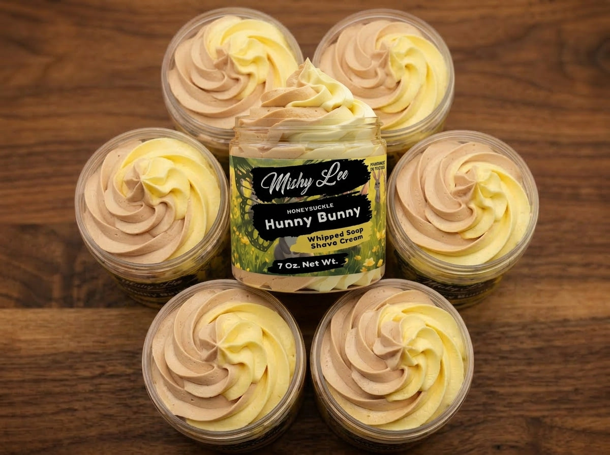 Whipped soap and shave cream jar surrounded by small rose-shaped portions