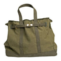 Olive canvas tote bag with gold-tone buckle strap and front zipper pocket