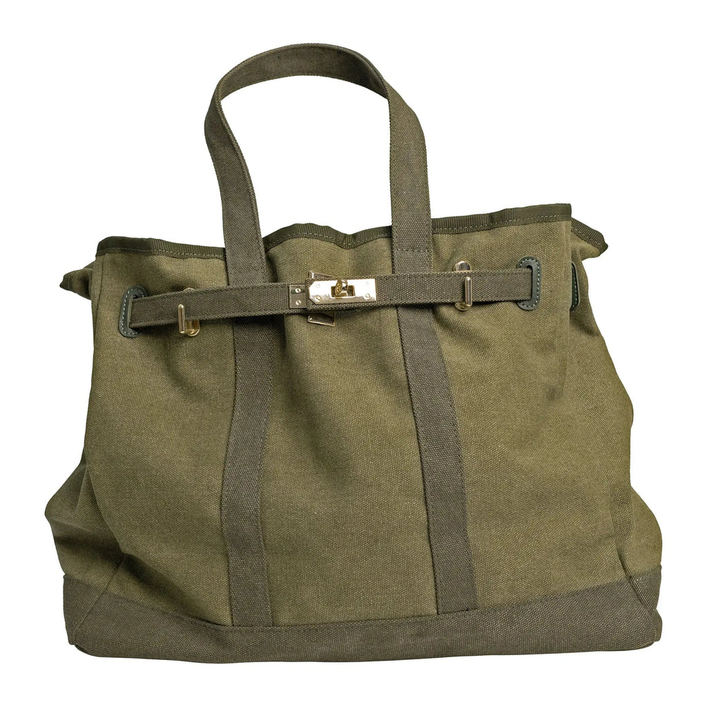 Olive canvas tote bag with wide handles and gold-tone front strap hardware