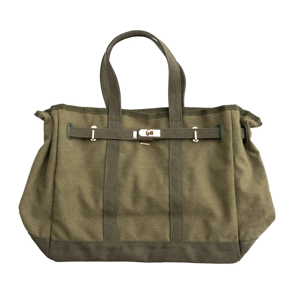 Olive canvas tote bag with front belt strap, dual buckles, and gold-tone details