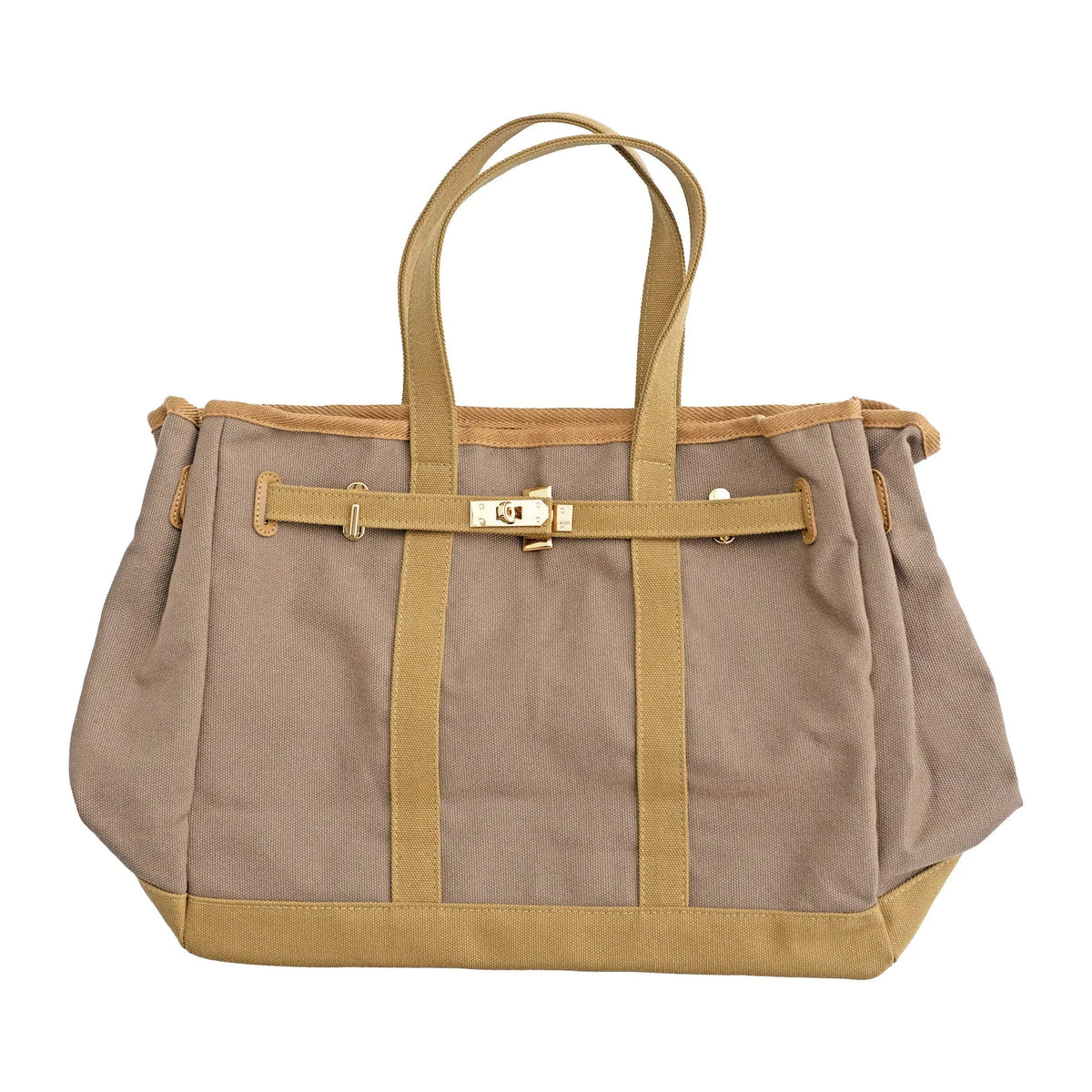 Two-tone canvas tote with structured top handles and front gold clasp