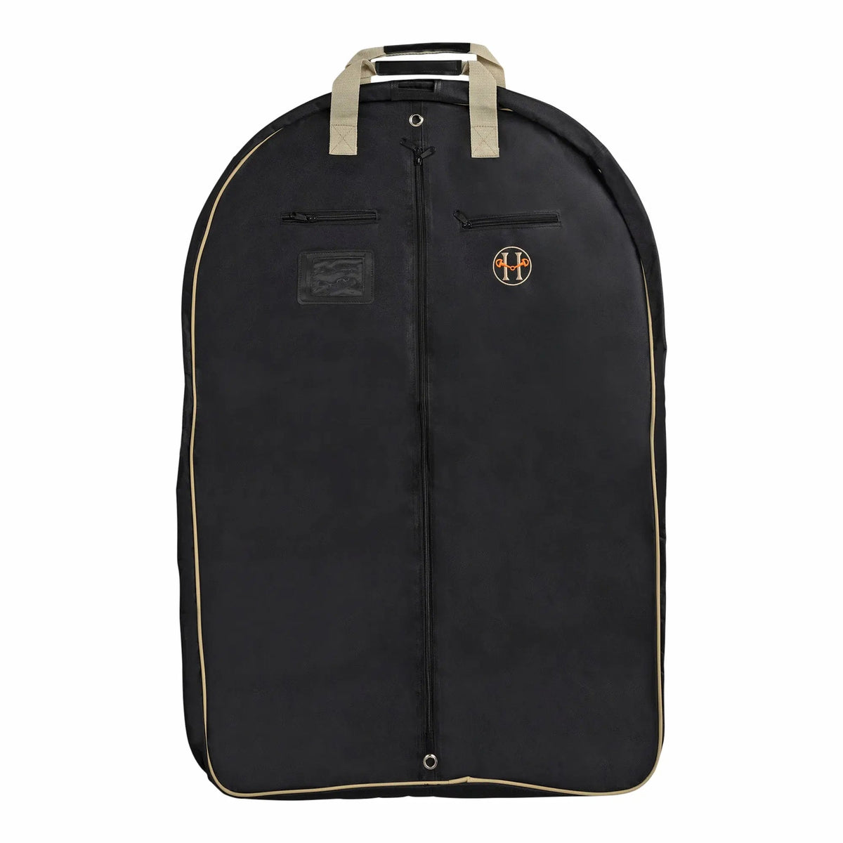 Black garment travel bag with top handle, center zipper, and Huntley Equestrian logo