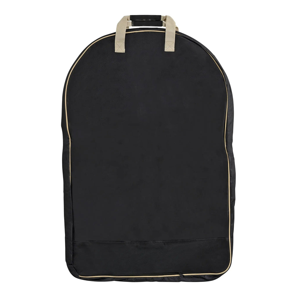 Black garment travel bag with top handle and gold-trim edge piping