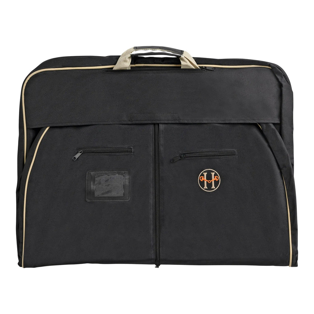 Black carry-on garment bag with side zipper pockets, top handle, and Huntley Equestrian emblem