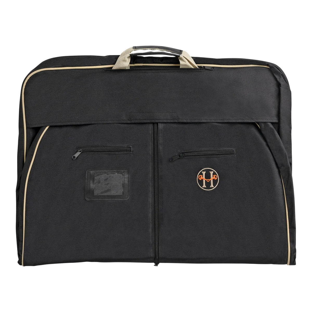 Black carry-on garment bag with side zipper pockets, top handle, and Huntley Equestrian emblem