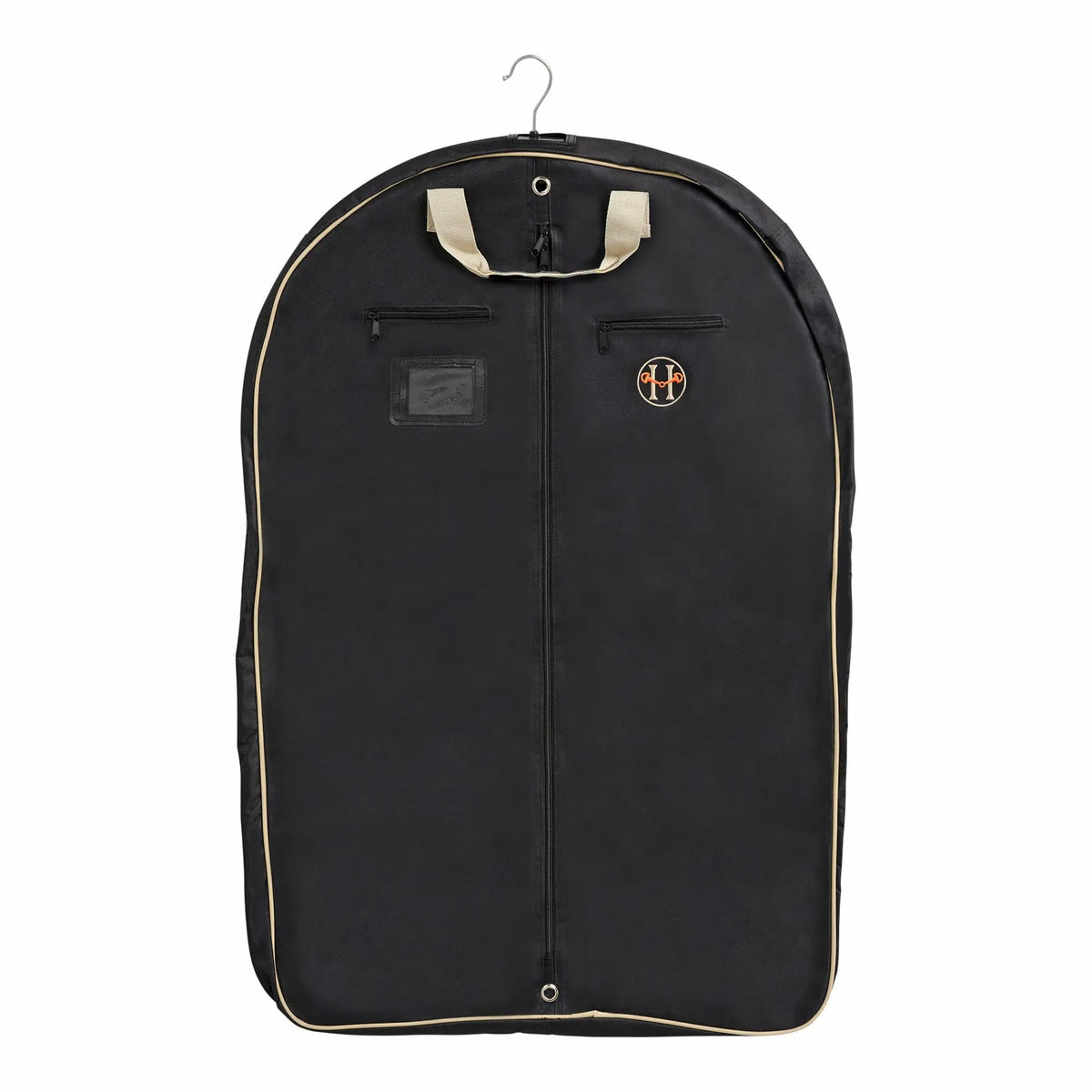 Black garment travel bag with center zipper, front logo badge, and hanger hook