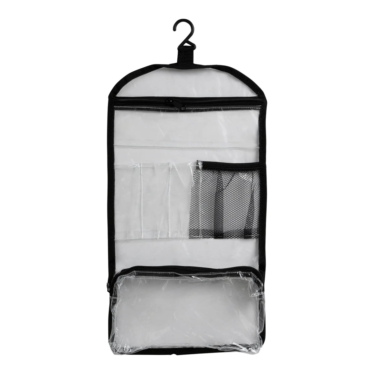 Clear organizer panels inside a black garment travel bag with hanging hook