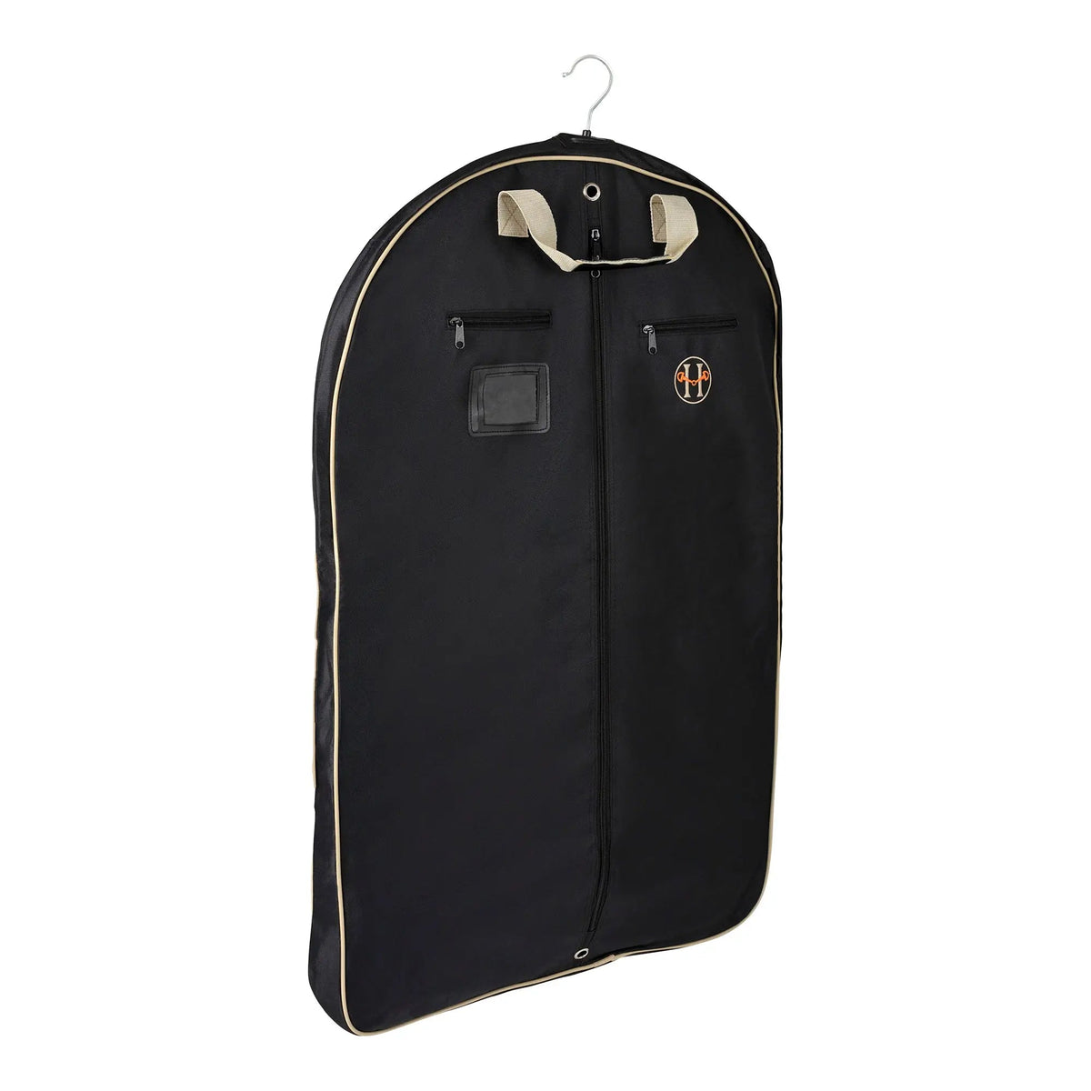 Black garment travel bag with front zipper pocket, hanger hook, and Huntley Equestrian logo