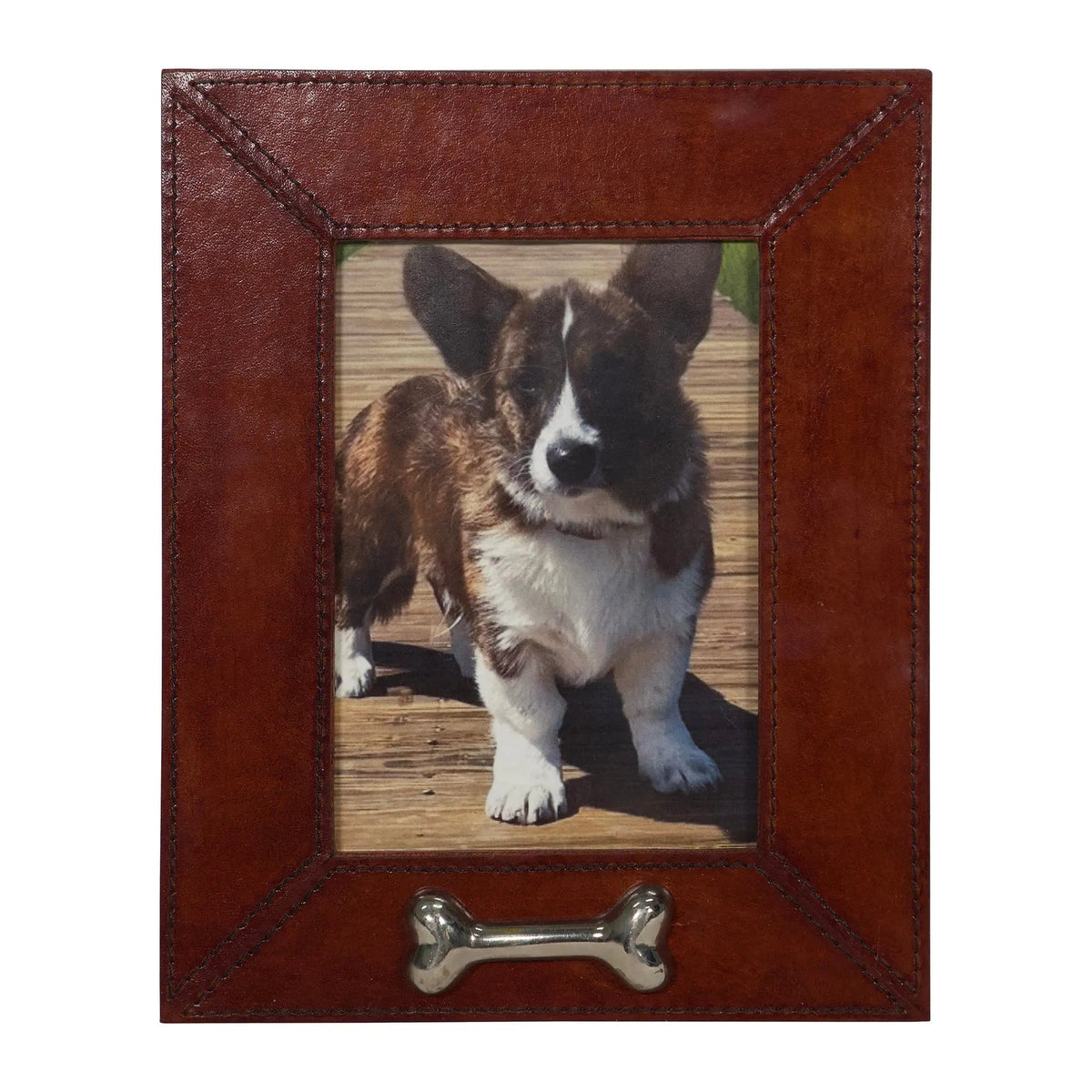 Brown leather pet picture frame with silver bone accent, clear view of dog photo