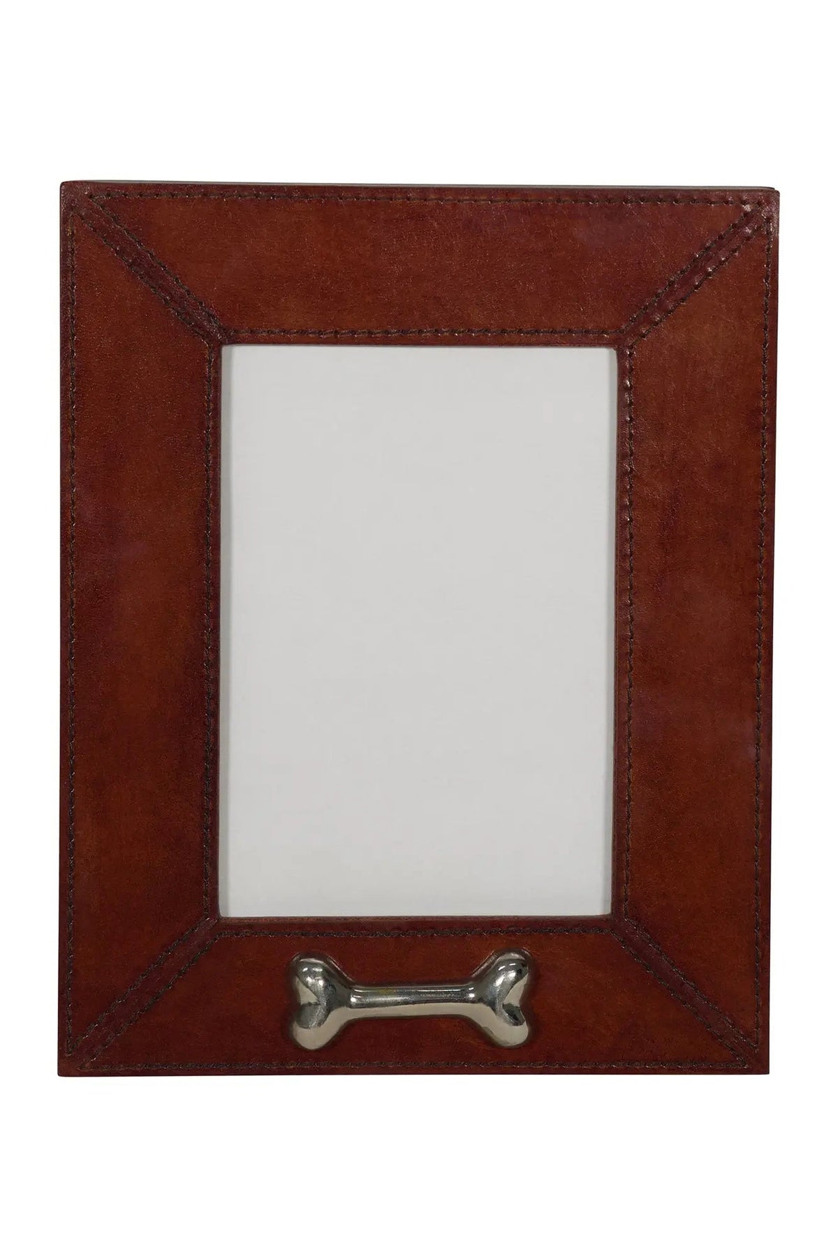 Brown leather picture frame with silver bone accent, front view.