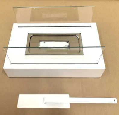 Mini alcohol fireplace burner insert in clear glass tray