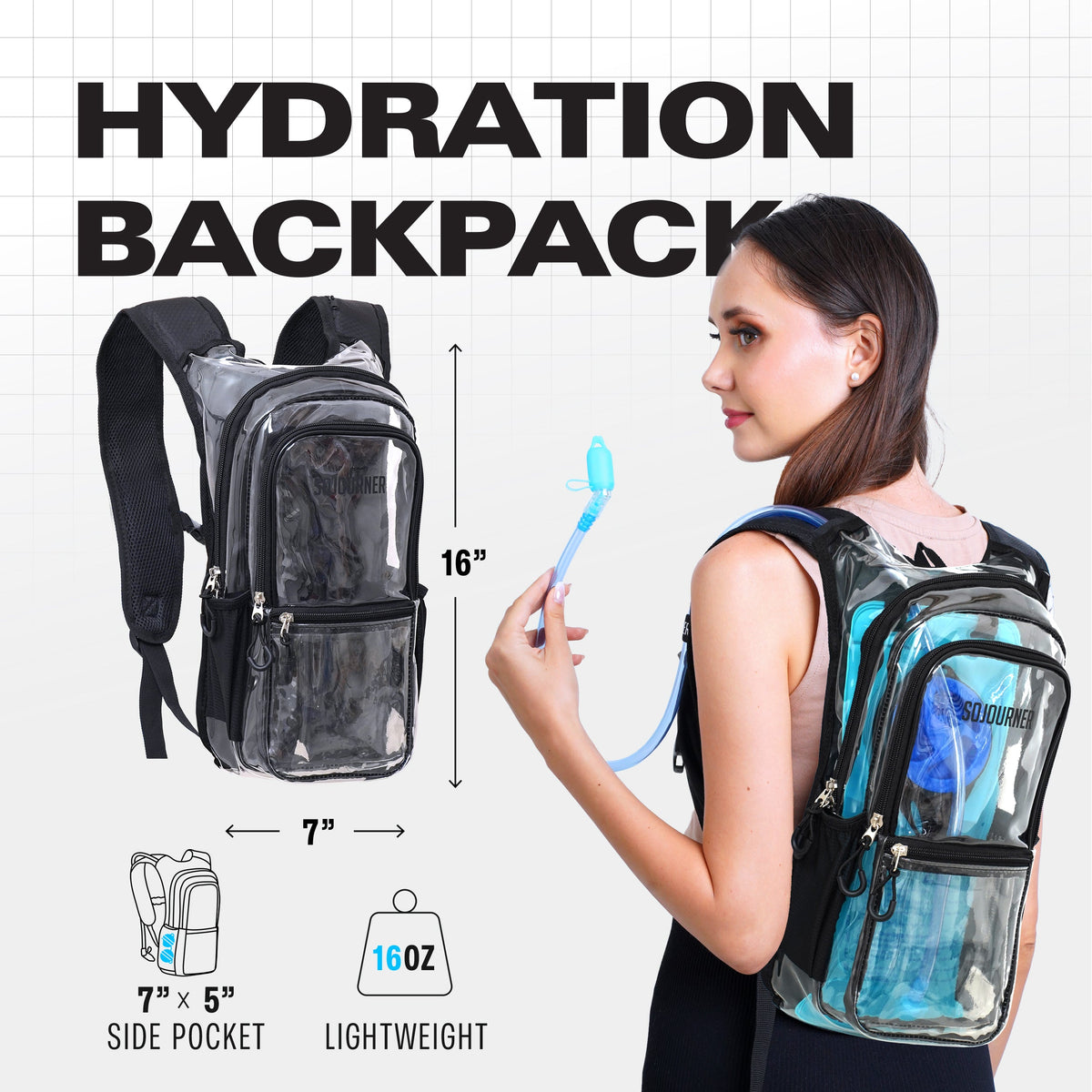 Transparent hydration pack backpack with blue bladder tube and clear front pocket