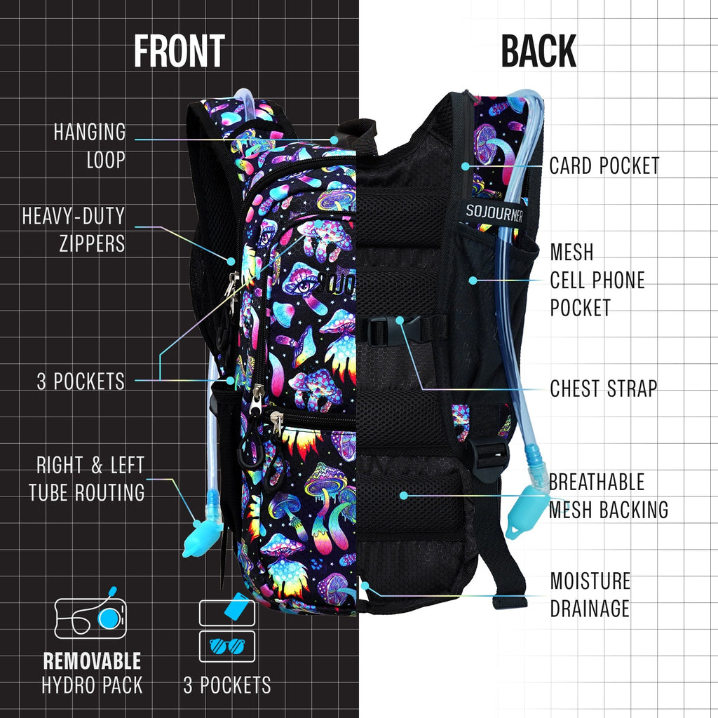 Holographic hydration pack backpack with mesh backing, chest strap, and multiple pockets