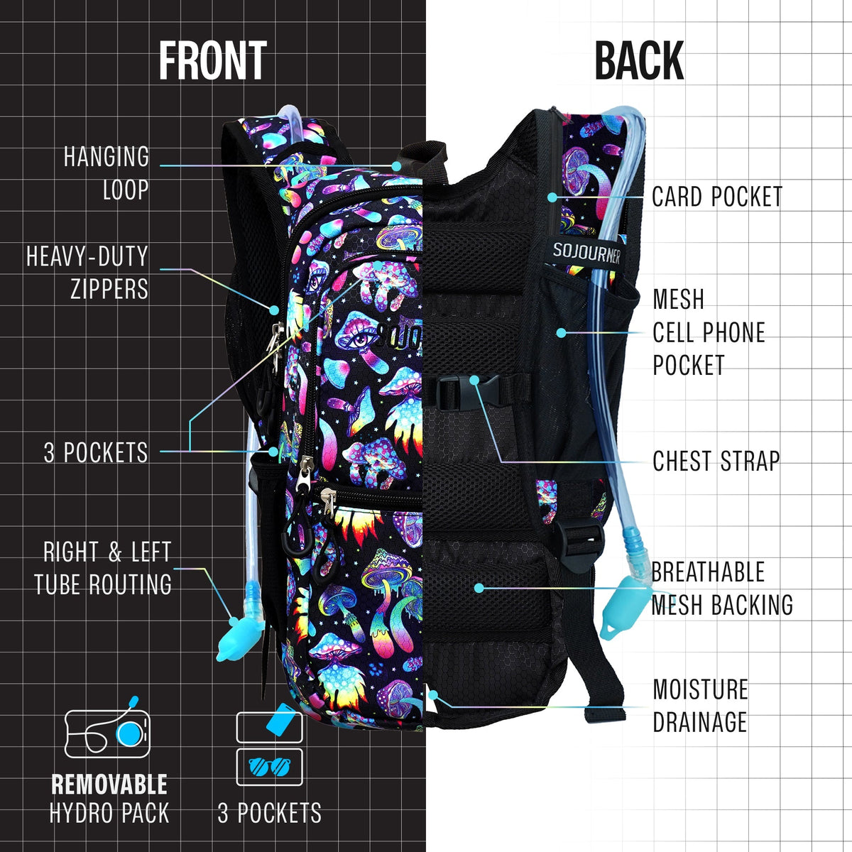 Holographic hydration pack backpack with mesh backing, chest strap, and multiple pockets