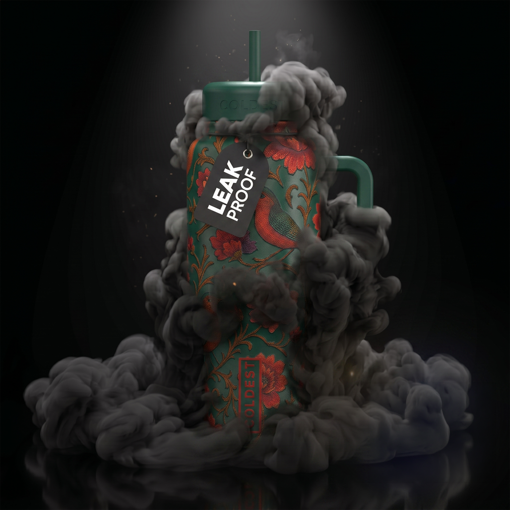 Dark green 24oz tumbler with straw lid and bird-and-floral graphic wrap