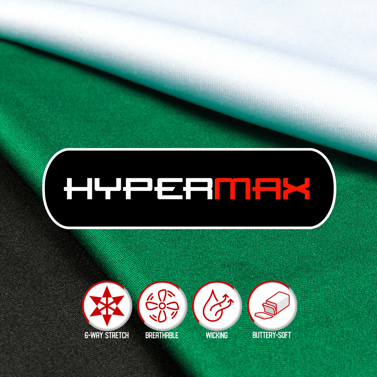 HyperMAX performance fabric swatch with 6-way stretch and breathable icons