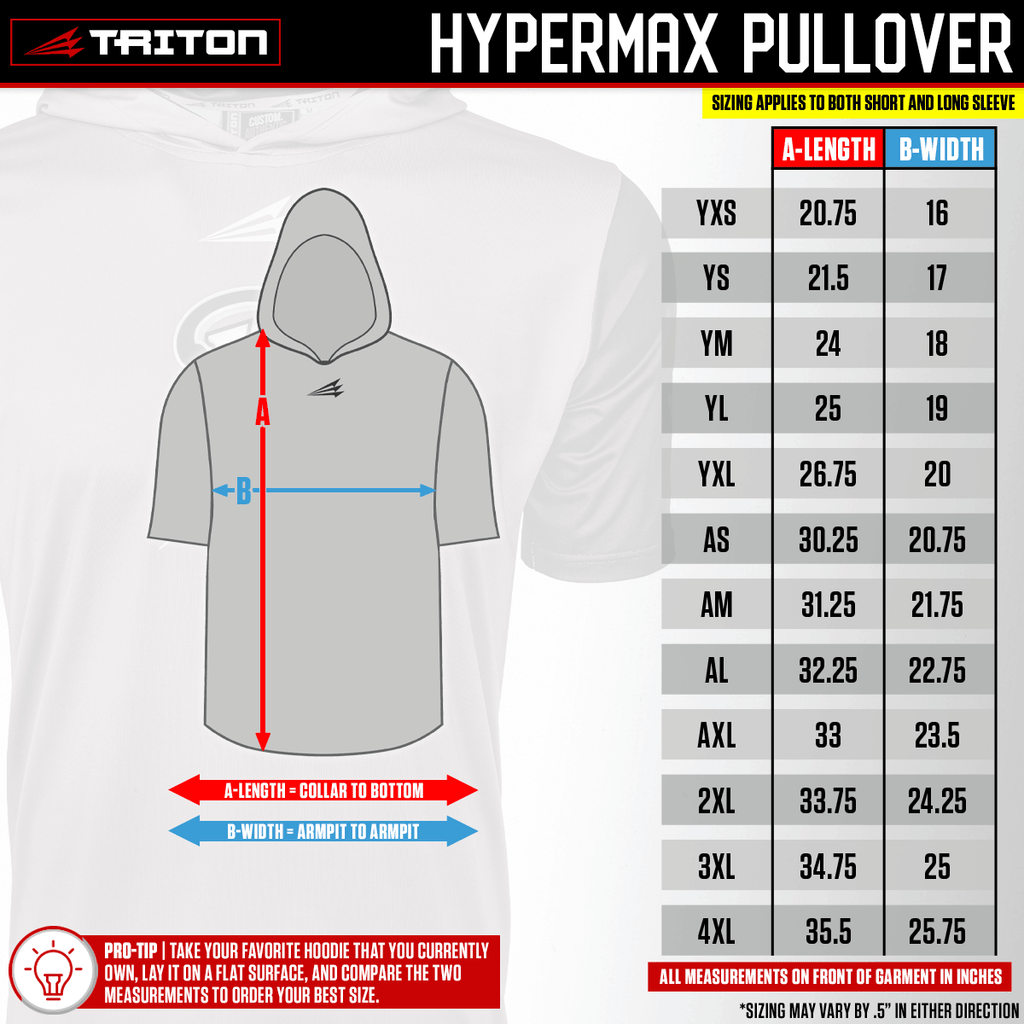 HyperMAX pullover size chart with youth measurement table and sizing guide