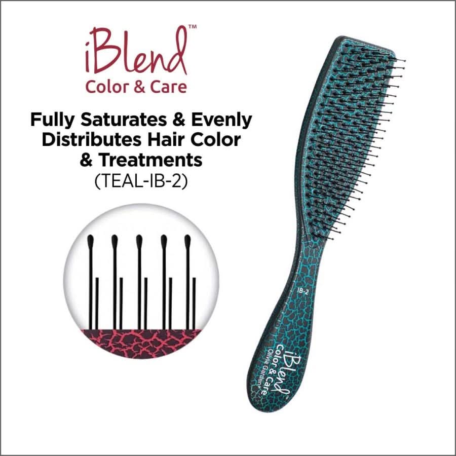 Teal-green iBlend hair brush with long pins and curved ergonomic handle.