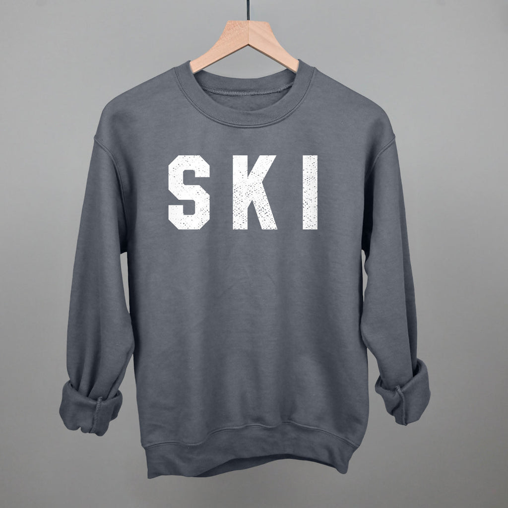 Ski Collegiate charcoal crewneck sweatshirt with large white “SKI” graphic