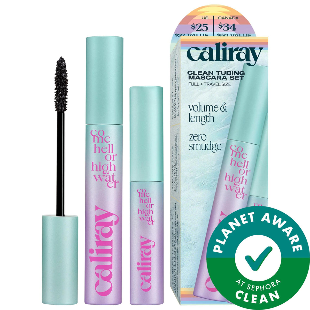 Clean tubing mascara set with two teal tubes and a black mascara wand