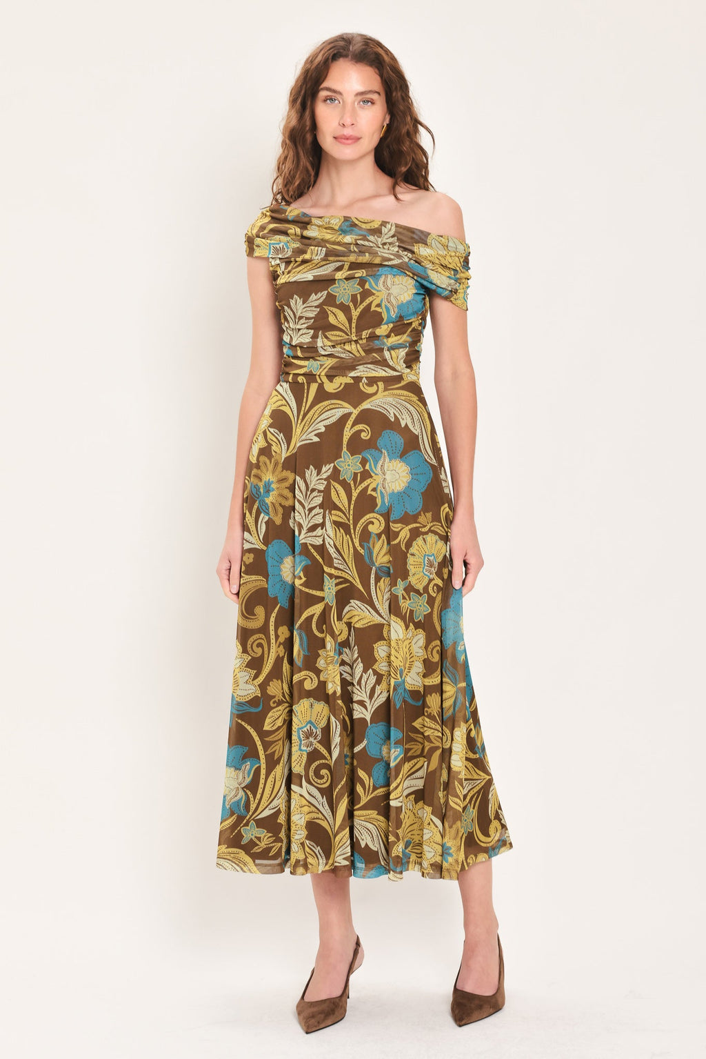 Brown and teal floral one-shoulder mesh midi dress with off-shoulder drape and pleated skirt.