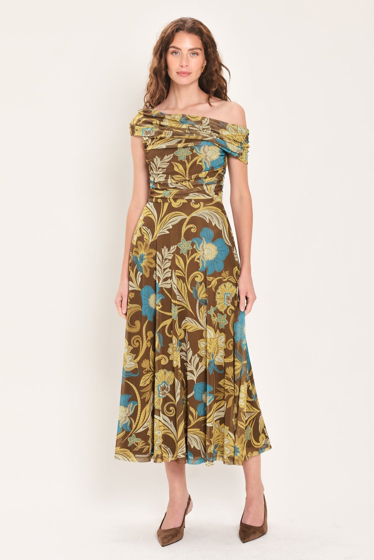 Brown and teal floral one-shoulder mesh midi dress with off-shoulder drape and pleated skirt.