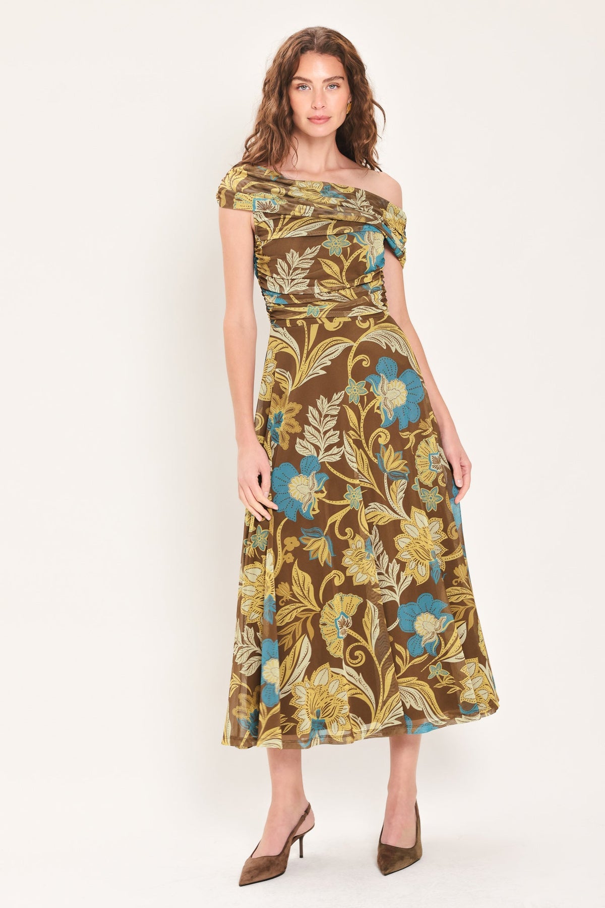 Brown and teal floral draped one-shoulder mesh midi dress with fitted bodice and skirt.