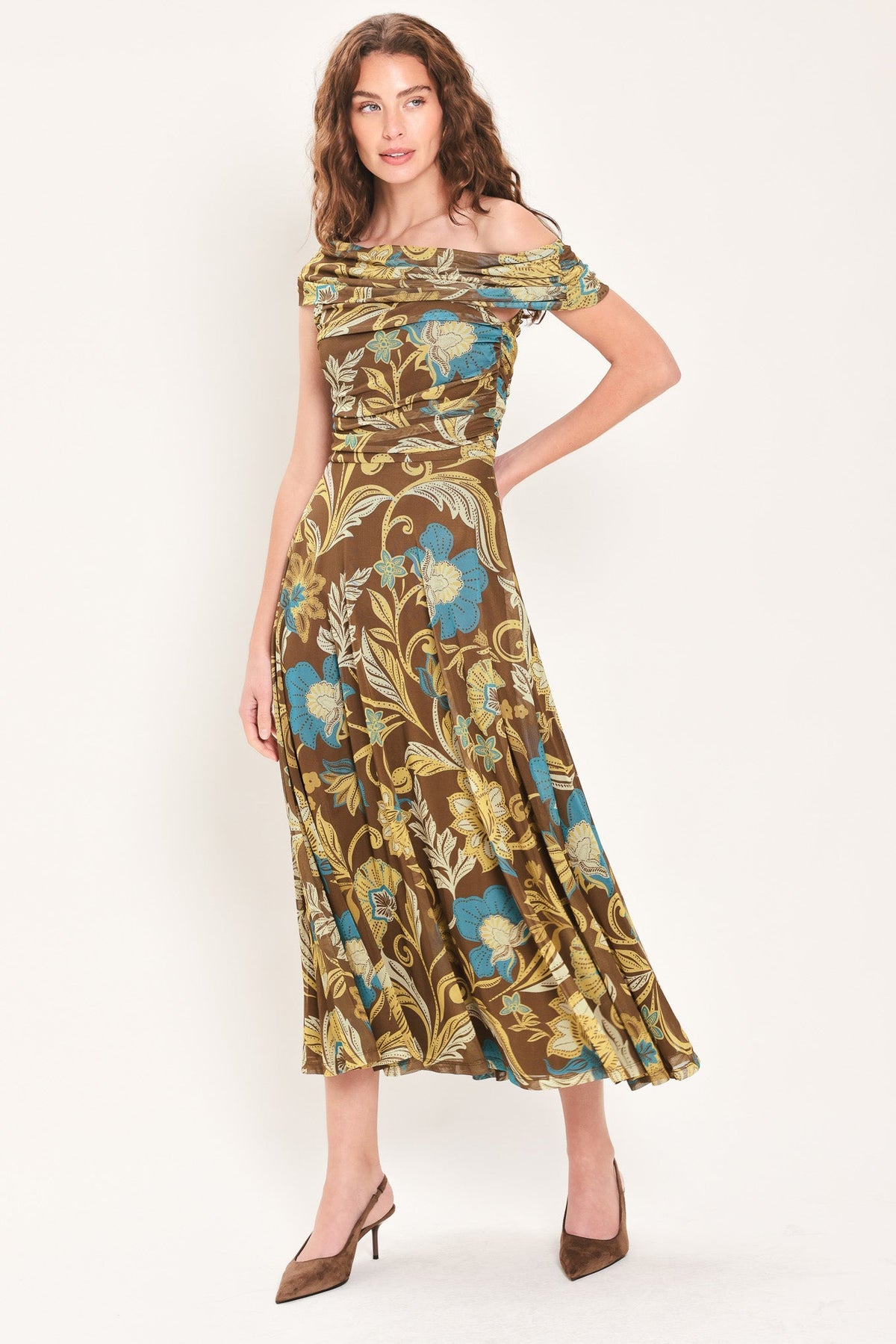 Brown and teal floral one-shoulder mesh midi dress with draped neckline and fitted waist.