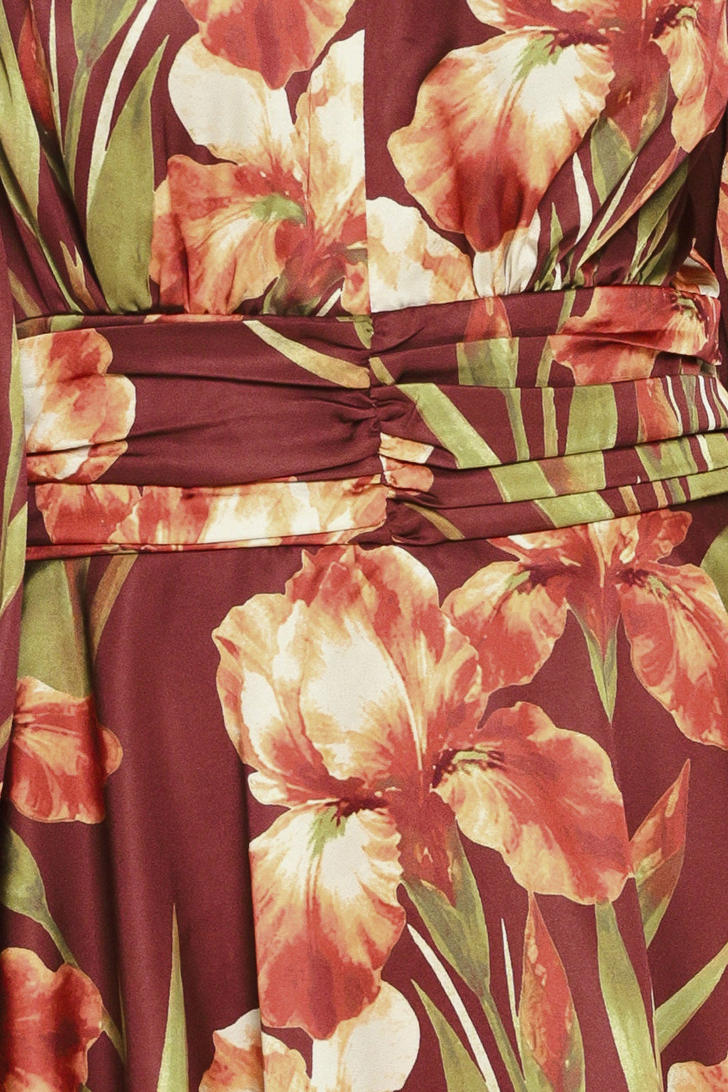 Floral ruched waist detail with gathered belt; tiered mini skirt layer trim.