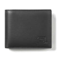 Black leather bifold wallet with embossed emblem and stitched trim
