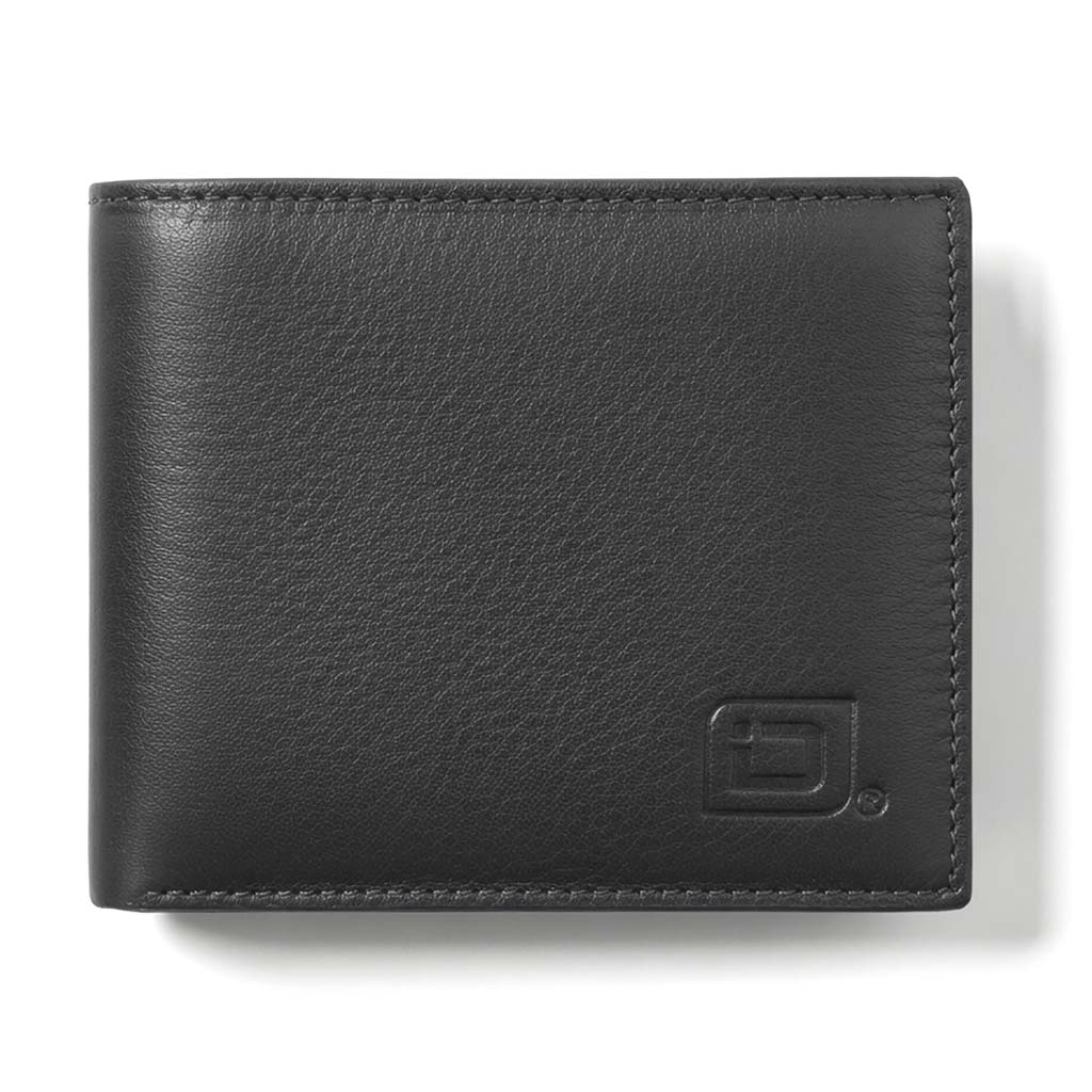 Black leather bifold wallet with embossed emblem and stitched trim